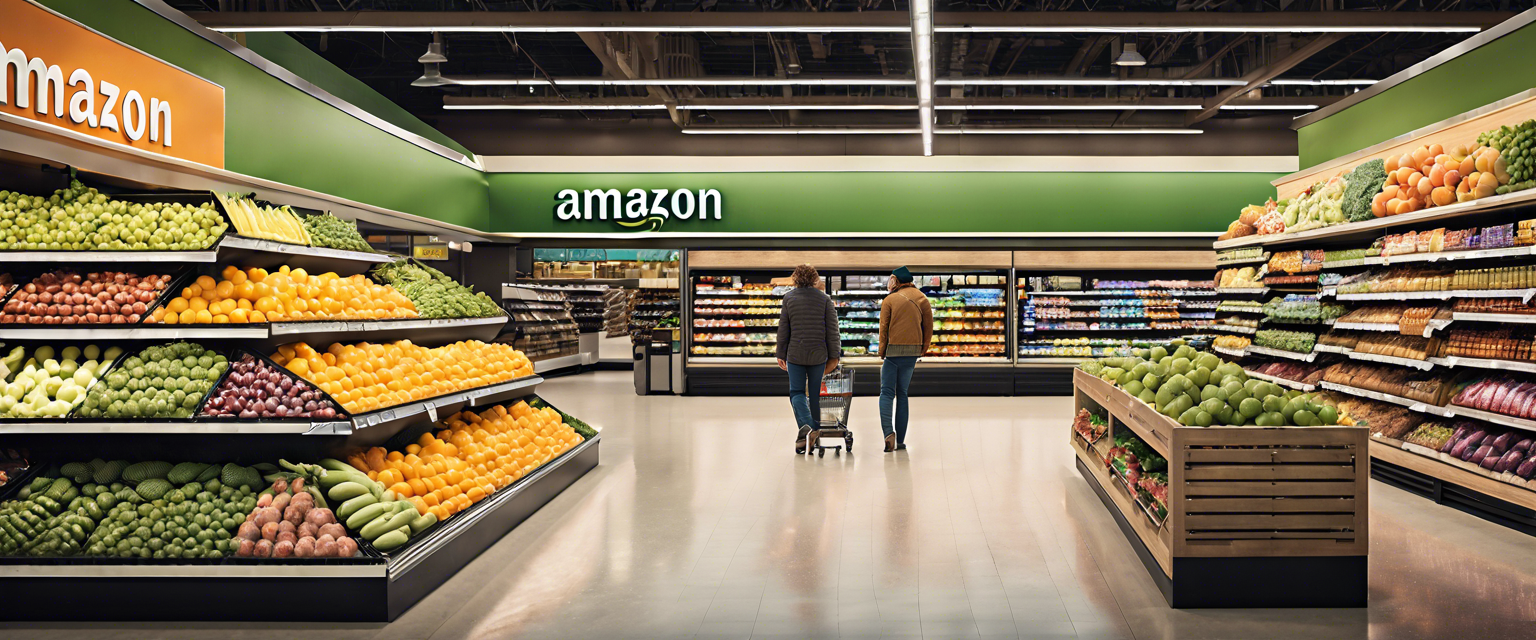 Amazon Grocery store exterior showcasing diverse products.