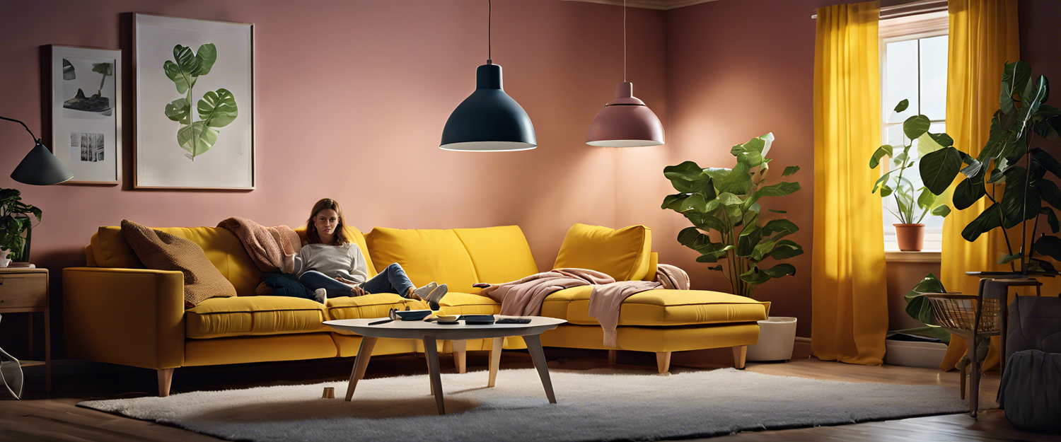 A modern Ikea smart light fixture illuminating a cozy living space.