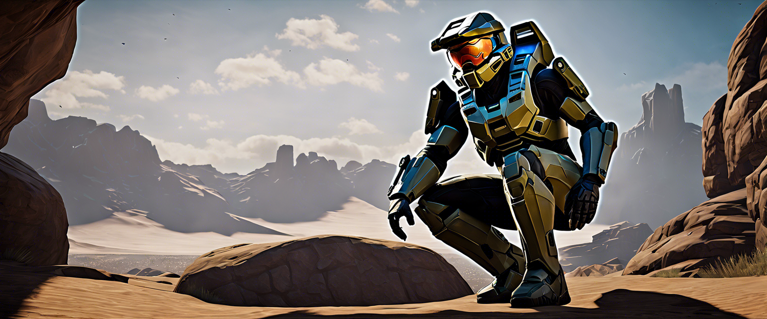 Illustration of Halo characters in an Unreal Engine 5 environment.