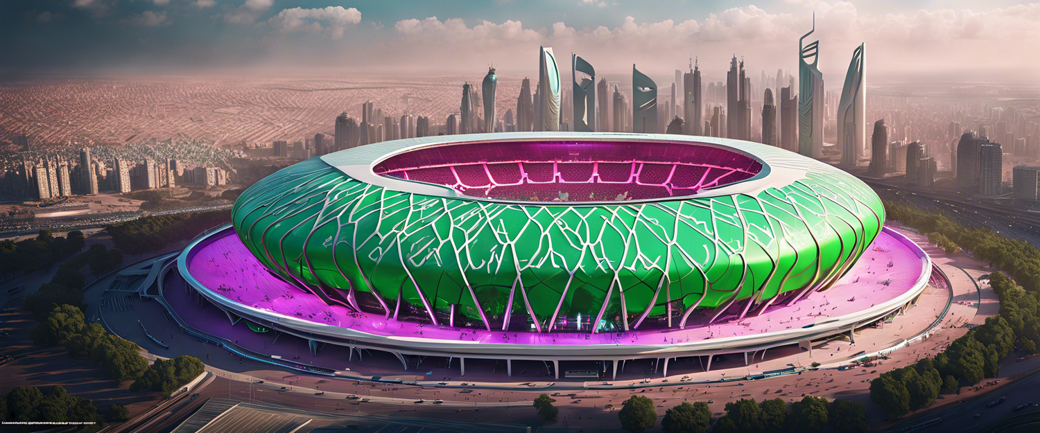 Render of Neom Stadium with polygonal roof and urban futuristic design.