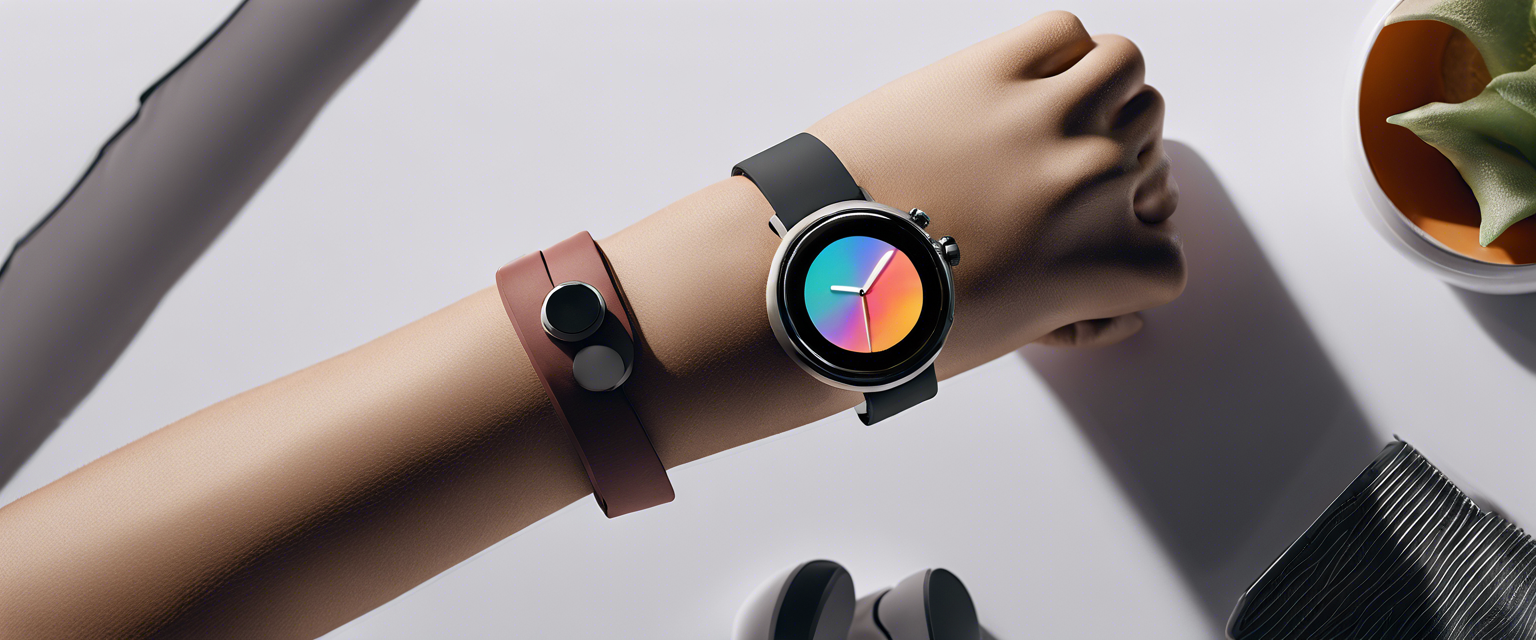 Illustration of an Android smartwatch playing music through built-in speakers.