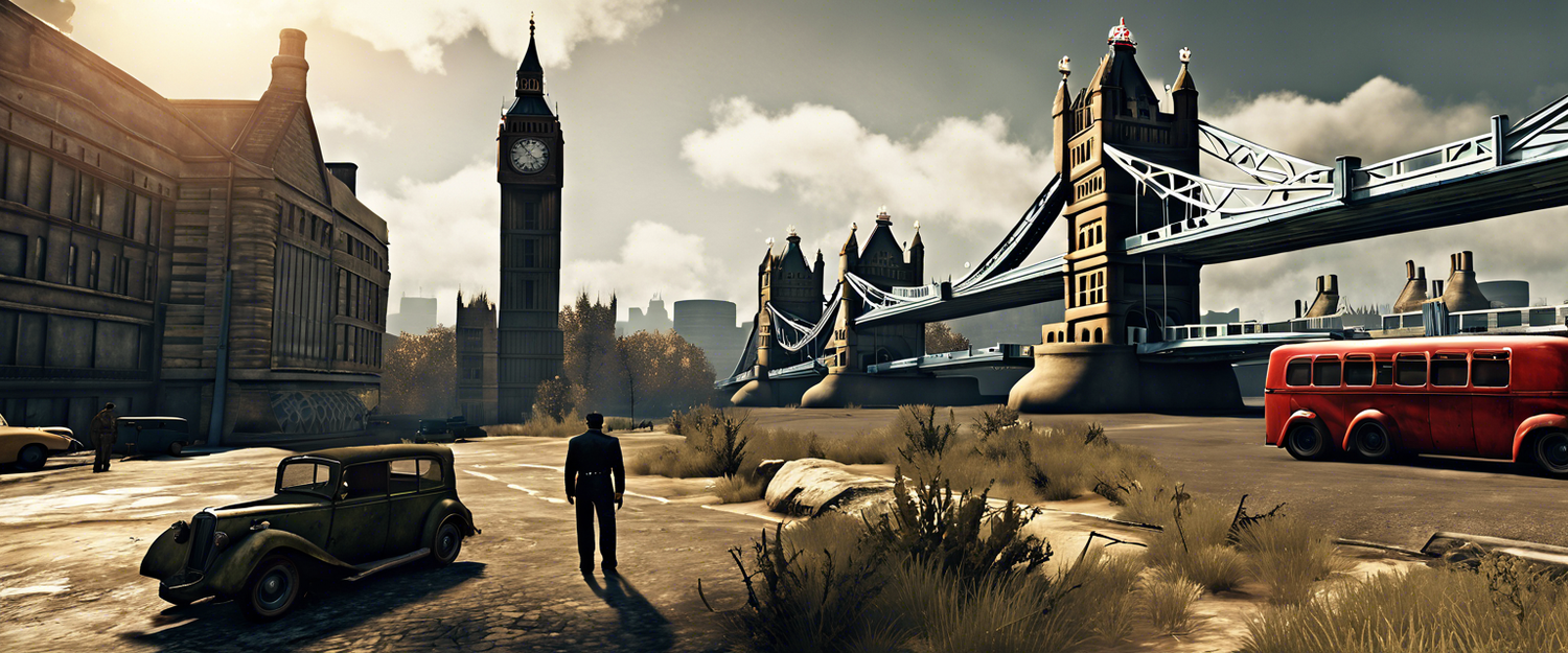 Screenshot of the Fallout: London mod showcasing its new location and gameplay features.