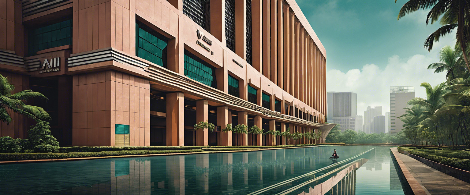 Bank Indonesia's headquarters with financial graphs showing economic trends.