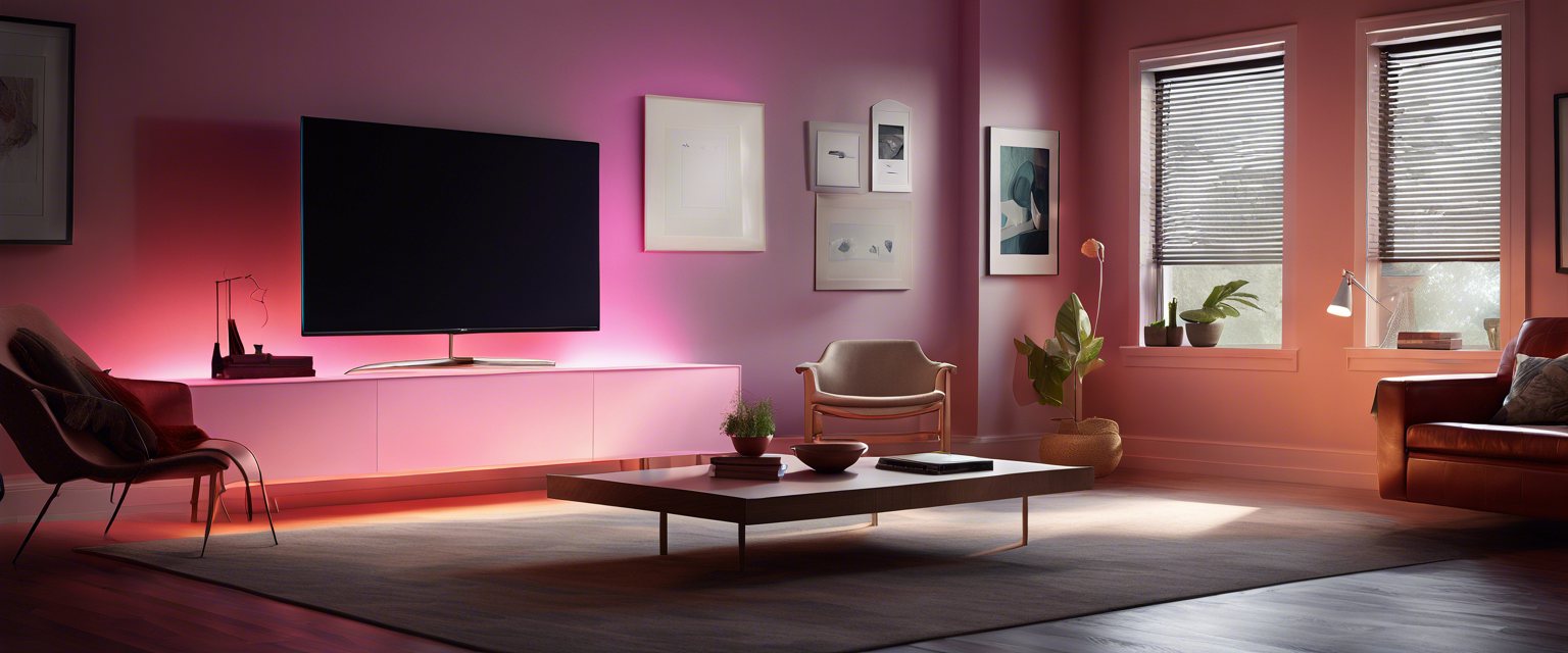 Philips Hue Sync app interface on LG TV with vibrant lighting.