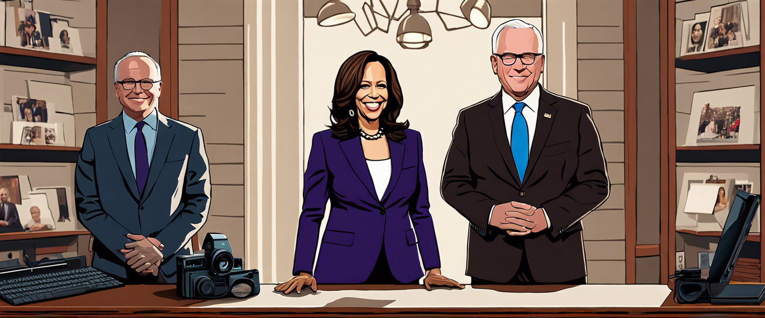 Creative montage of Tim Walz's public appearances shared by Kamala Harris