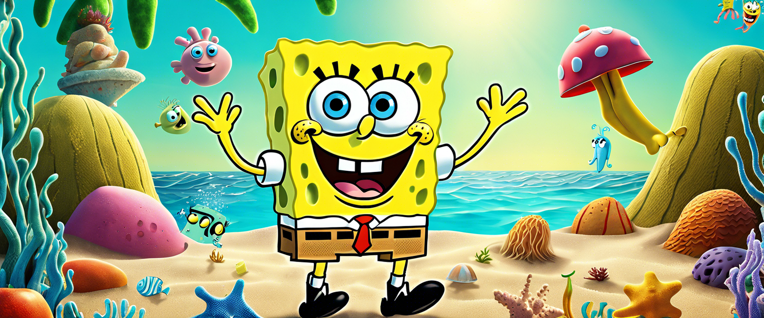 Image depicting a virtual reality environment of Bikini Bottom with SpongeBob and friends.