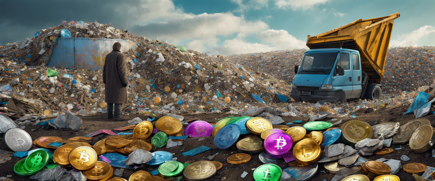 A conceptual image of a hard drive and Bitcoin symbol in a landfill.