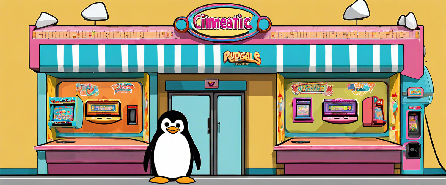 Pudgy Penguins character playing Polar Challenge game in the arcade.