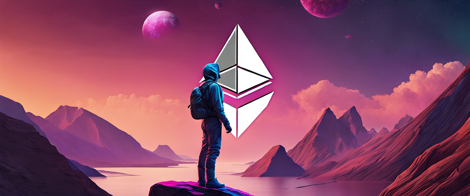 Ethereum logo with financial charts and statistics representing trading activity.