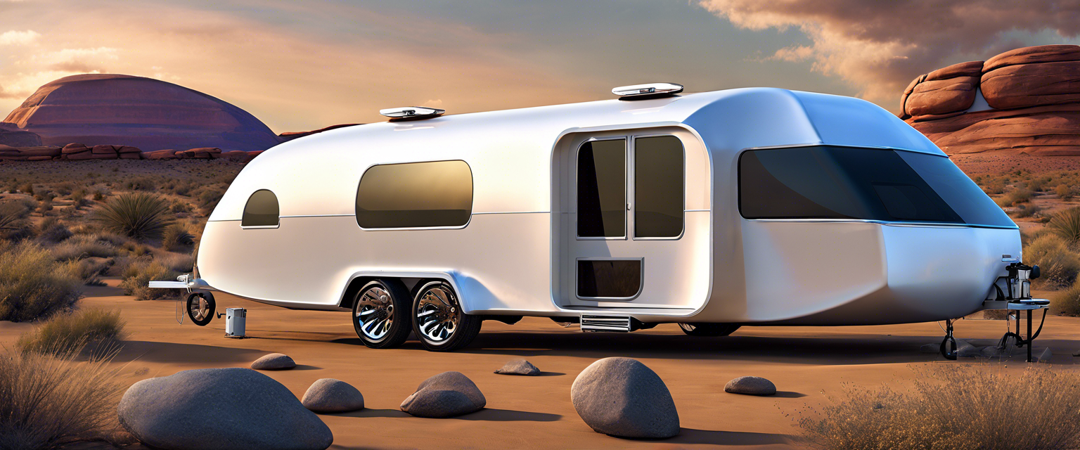 Pebble Flow all-electric RV trailer with solar panels and remote control features.