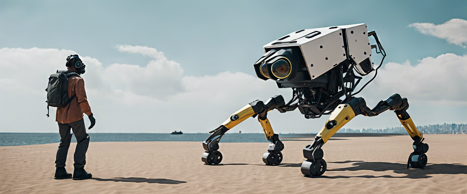 Boston Dynamics Spot robot dog navigating around obstacles like wires and ladders.