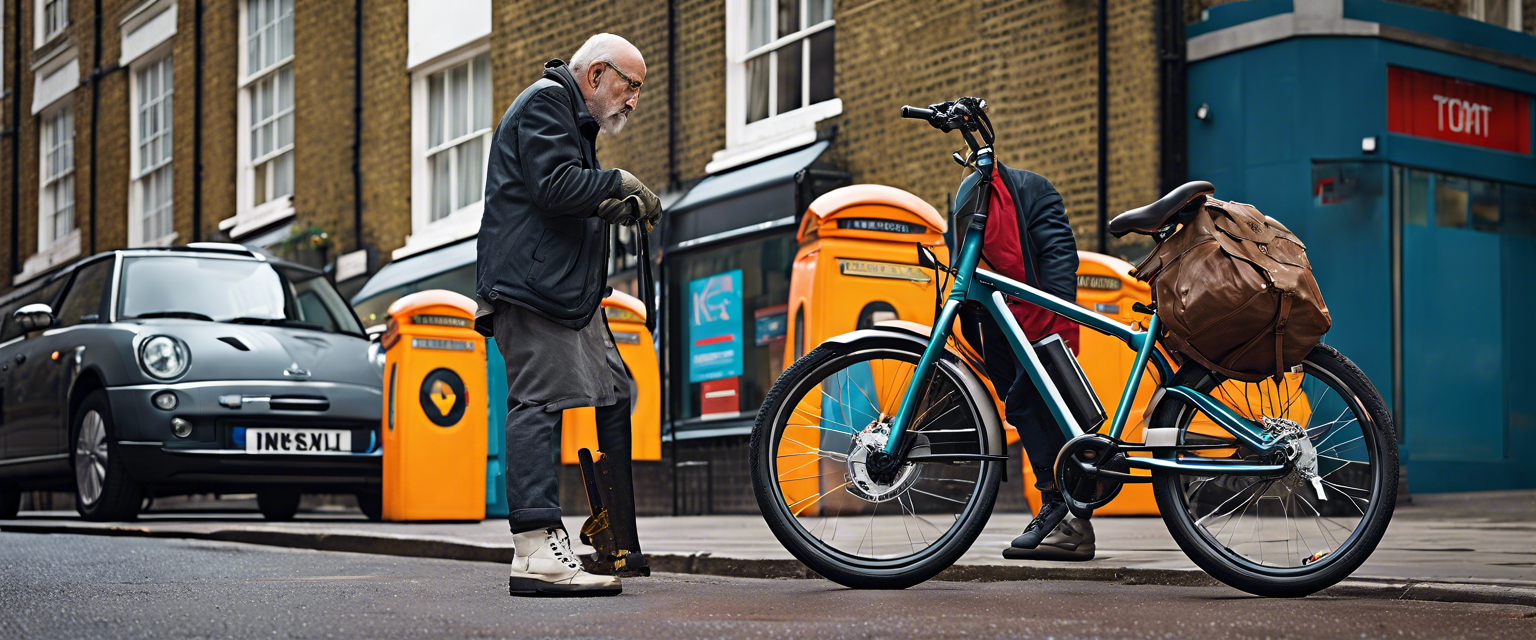 A busy London street with organized e-bike parking spaces.