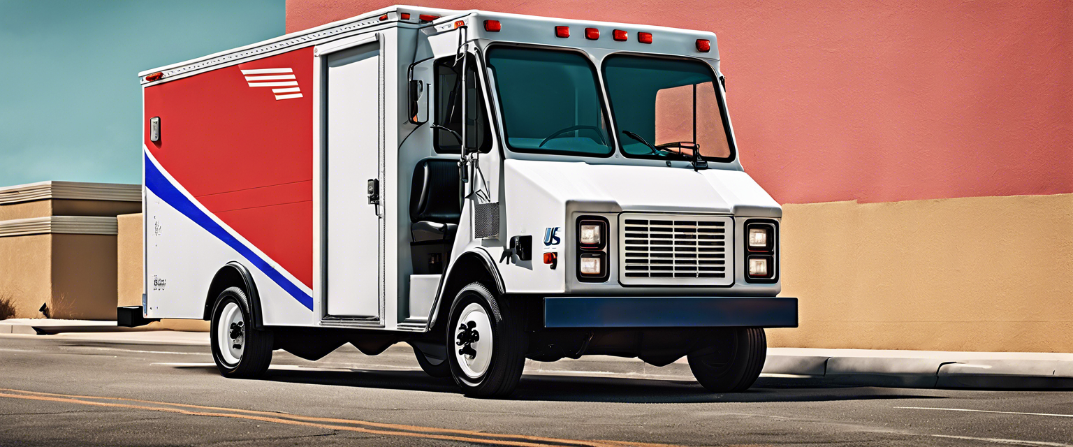 US Postal Service electric delivery truck under construction with visible issues.