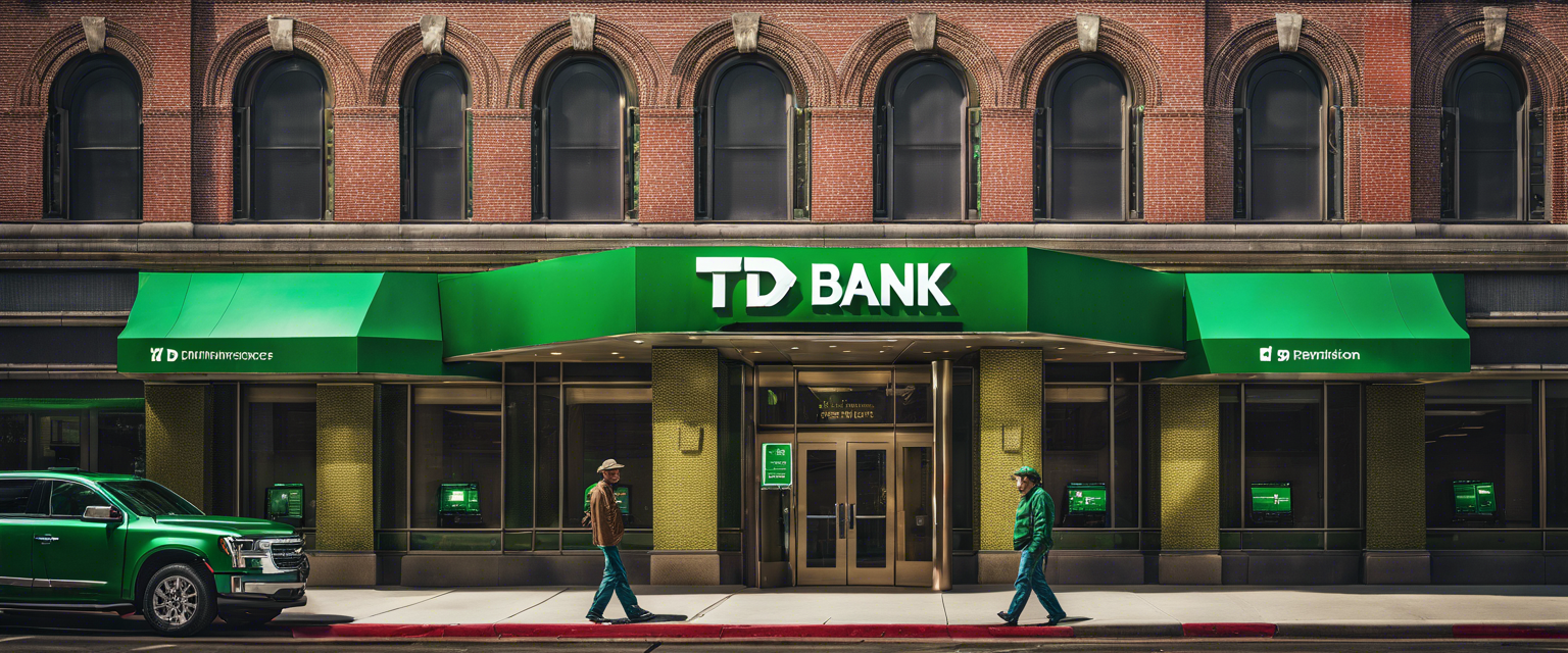 TD Bank logo with a background of cryptocurrency icons and financial regulations.