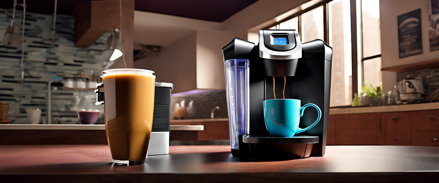 Keurig K-Brew and Chill coffee machine with iced coffee in focus.