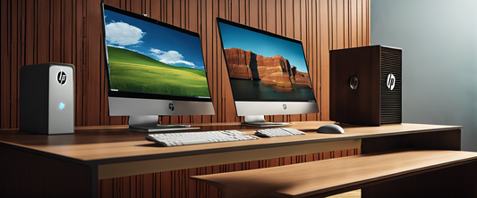 HP OmniDesk PC with wood panel finish in brown or gray.