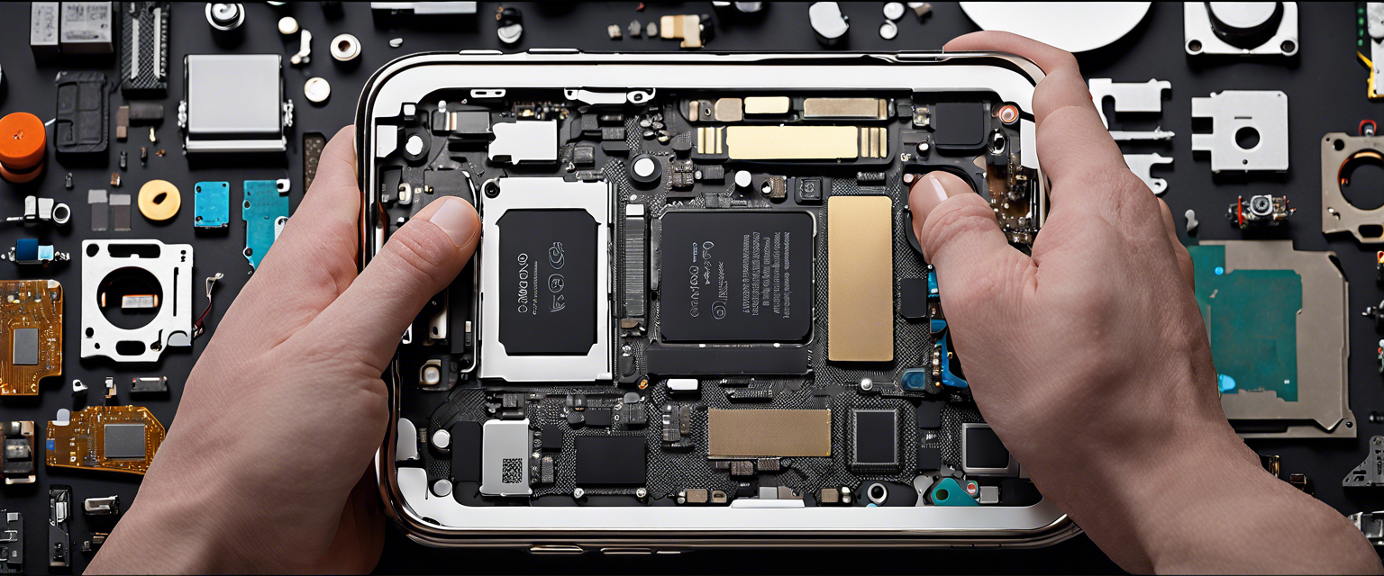 iPhone 16 teardown showing battery adhesive and components