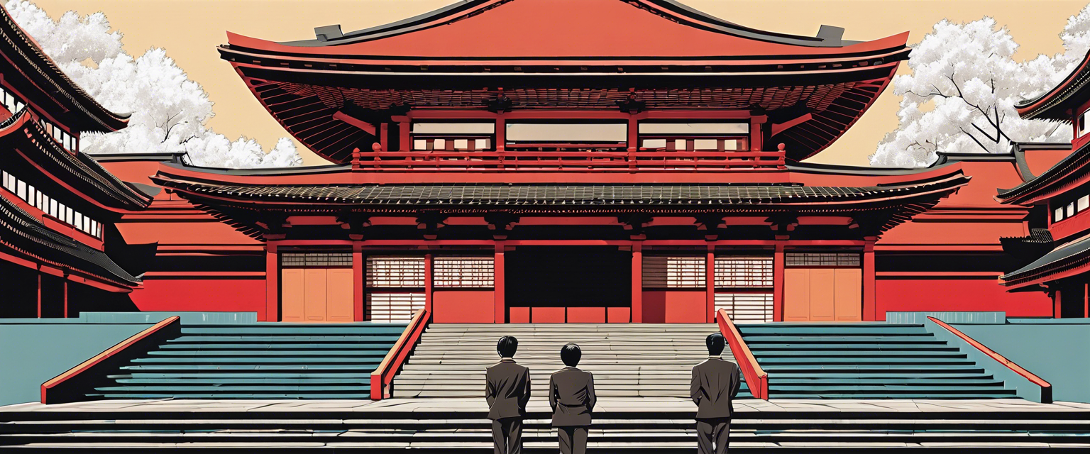 Japanese Parliament building with flags symbolizing the recent election outcome.