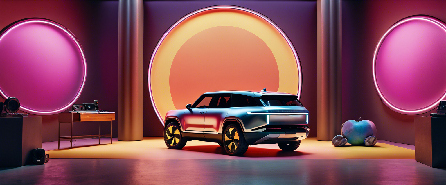 Rivian EV featuring Apple Music interface with spatial audio support