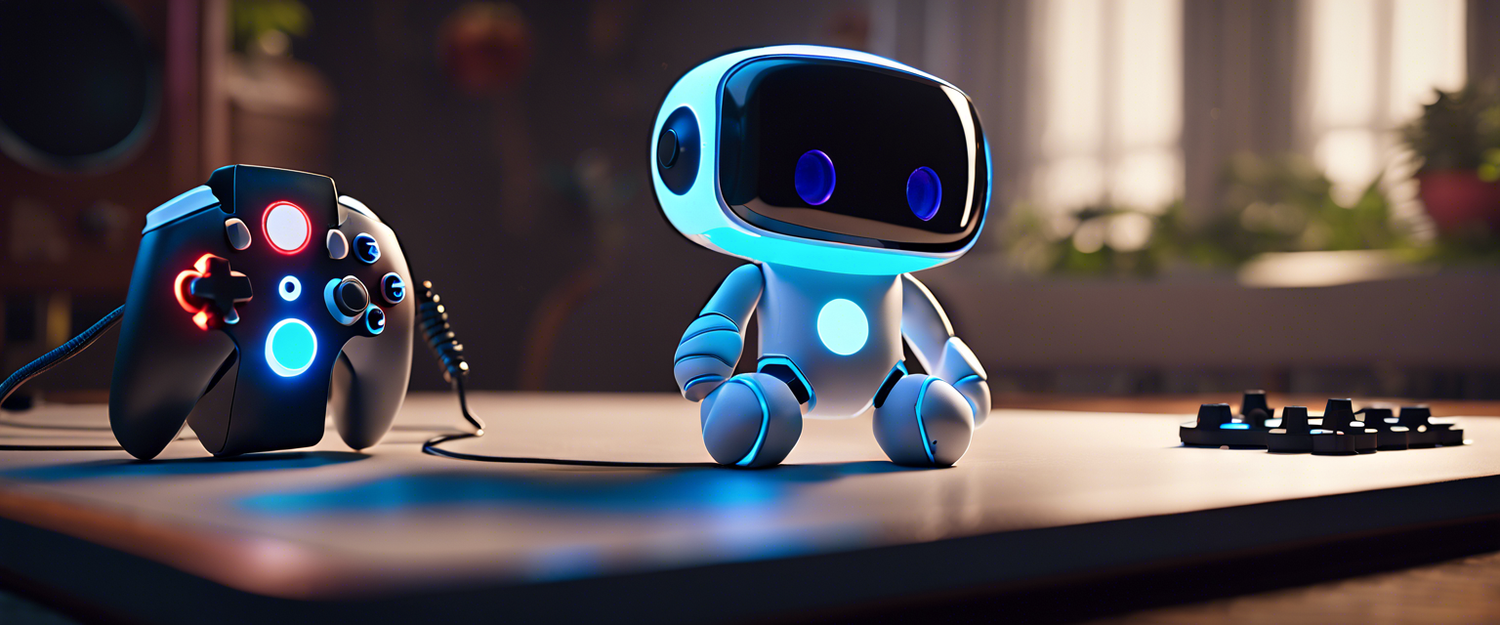 Astro Bot DualSense controller featuring bright blue eyes and sci-fi accents.