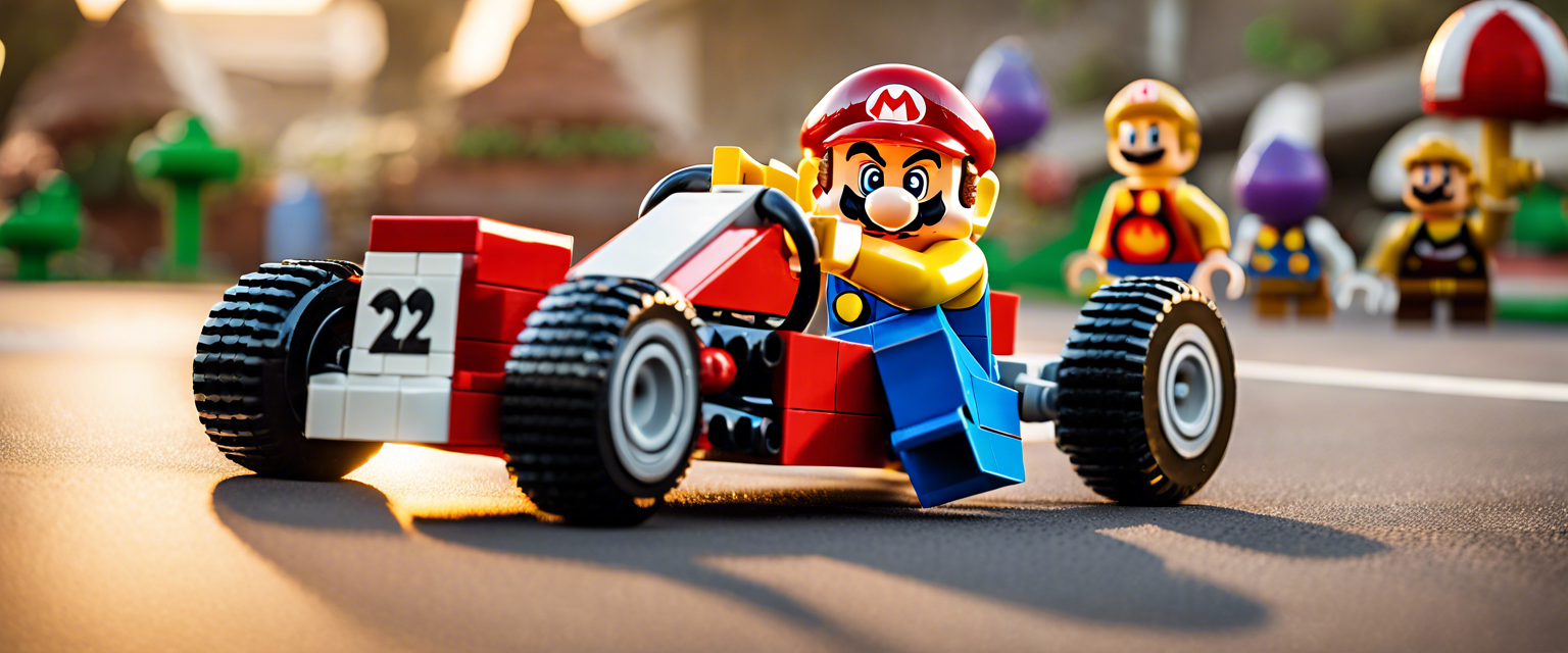 Lego Super Mario Kart sets featuring Yoshi, Donkey Kong, and Princess Peach.