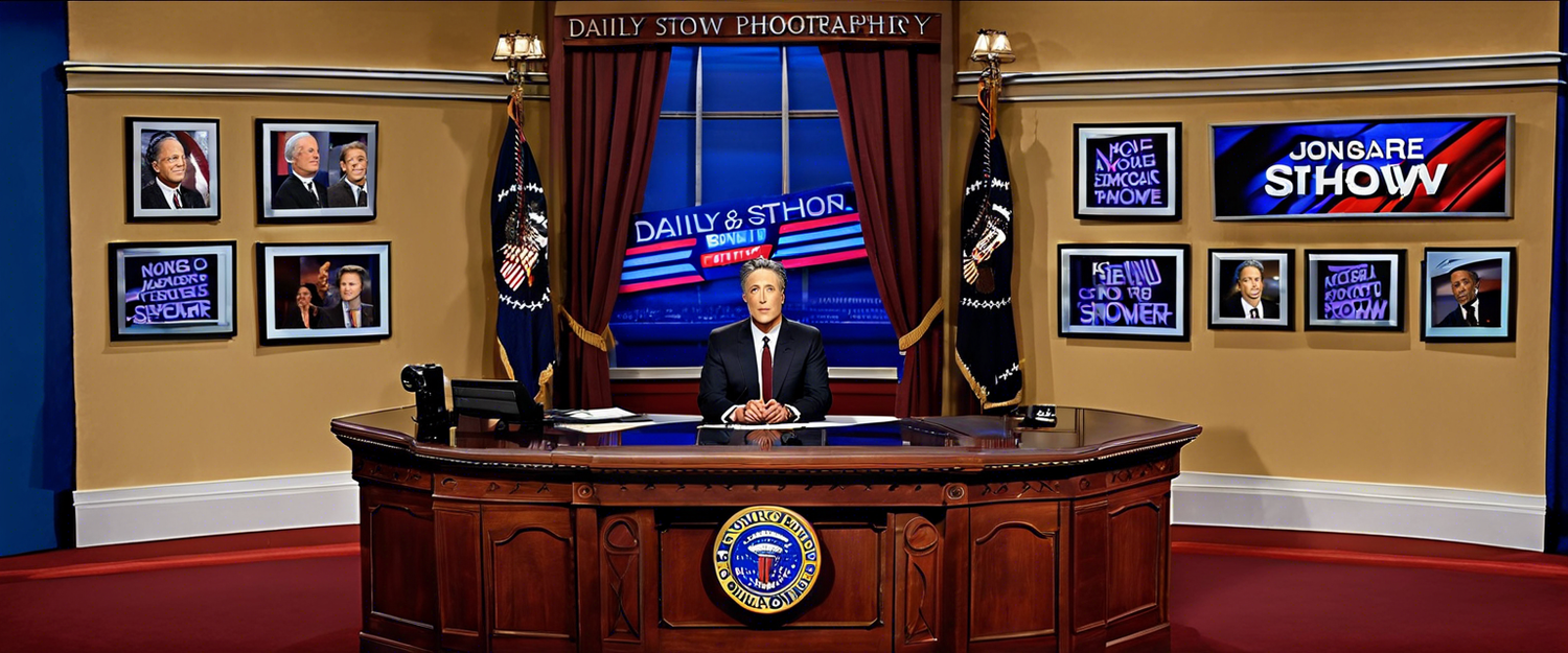 Jon Stewart hosting The Daily Show at his desk.