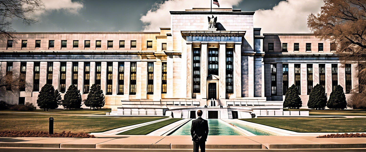 Federal Reserve building with interest rates announcement graphic.