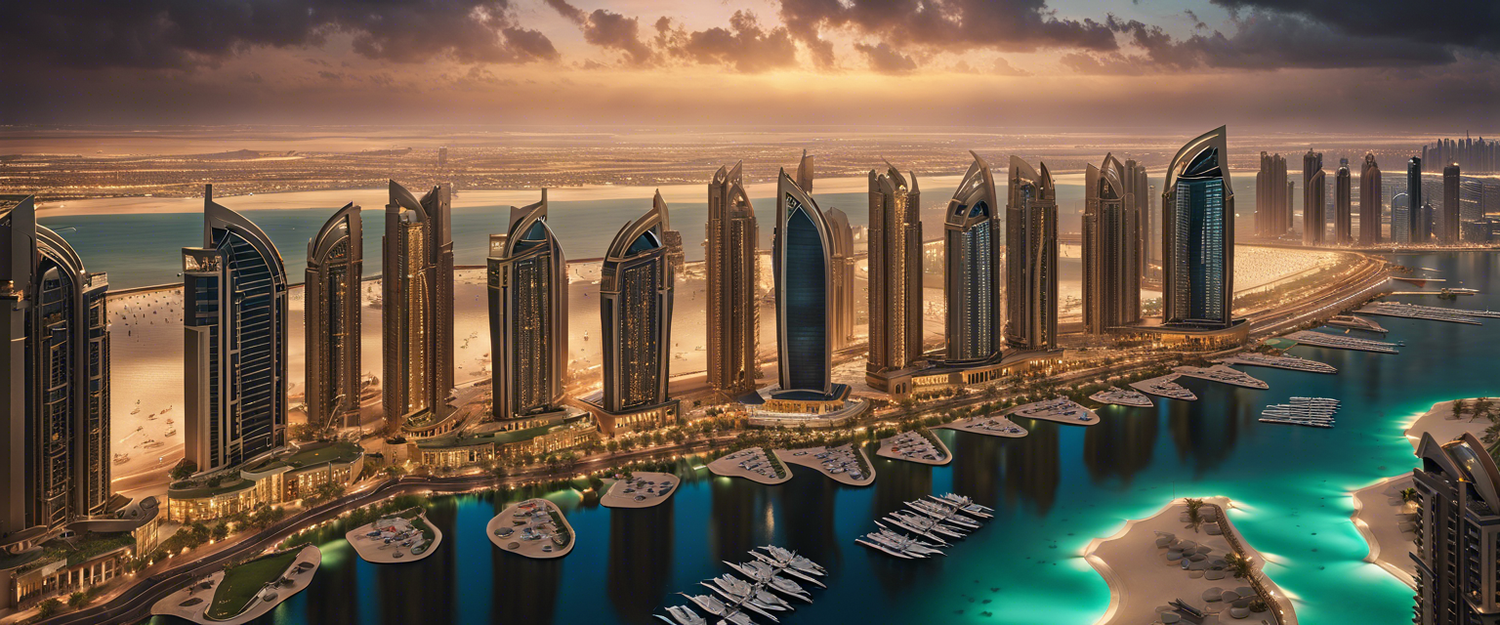 Dubai skyline with financial district and hedge fund graphics