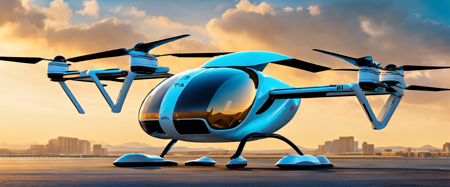 An eVTOL aircraft taking off vertically, symbolizing the future of urban air mobility.