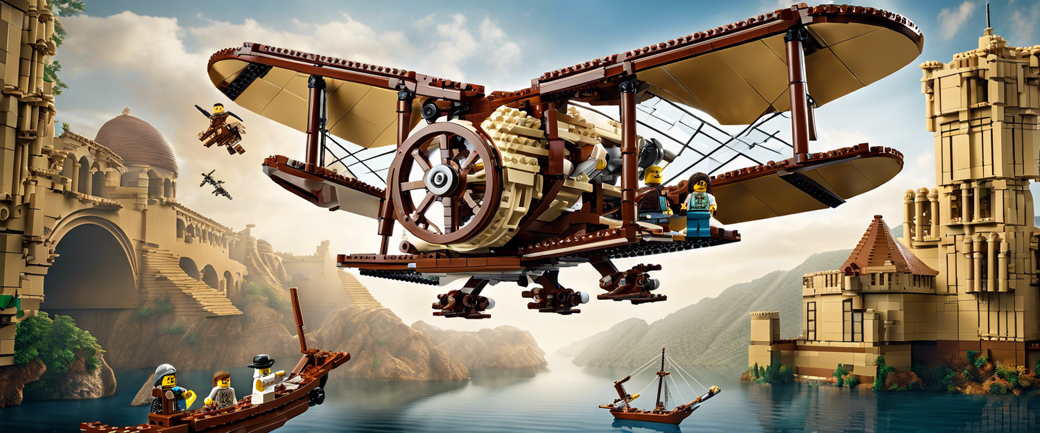 Lego replica of da Vinci's flying machine with flapping wings.