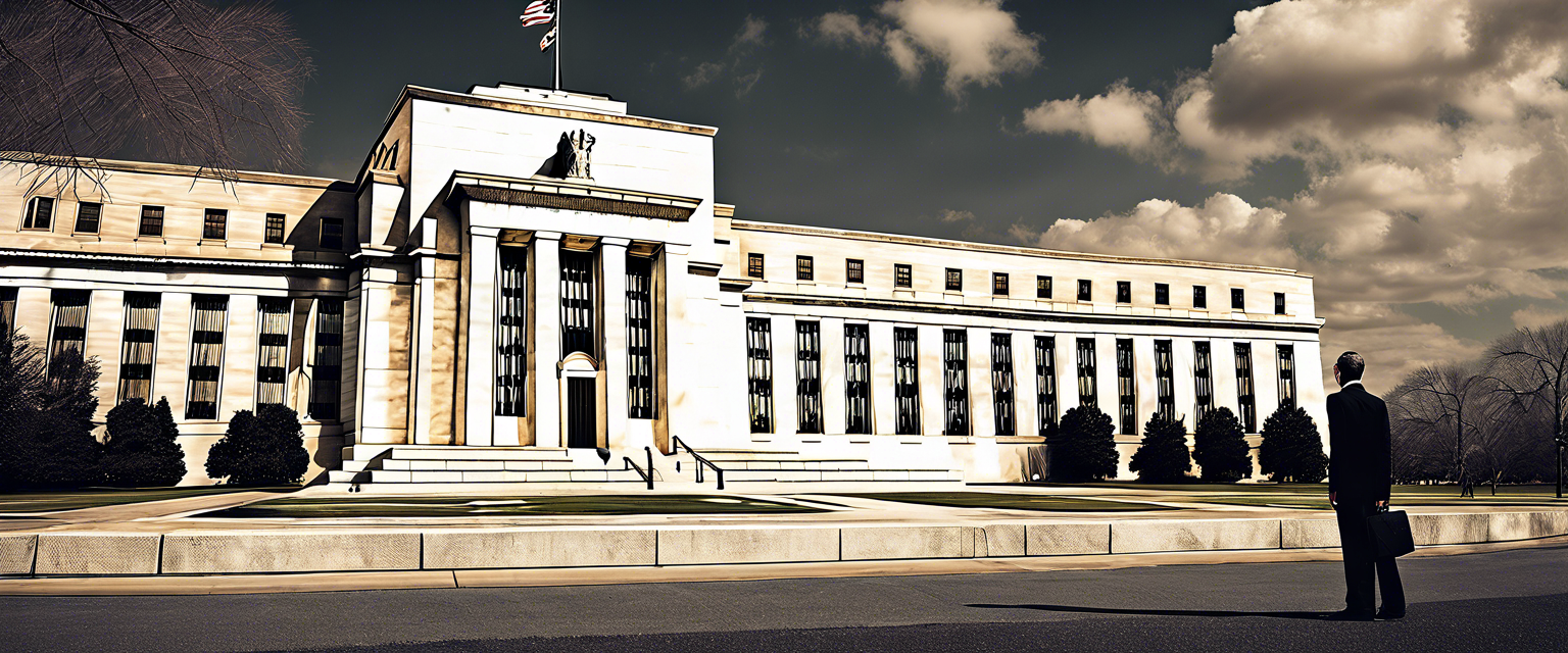 Federal Reserve building with interest rate graphs in the foreground.