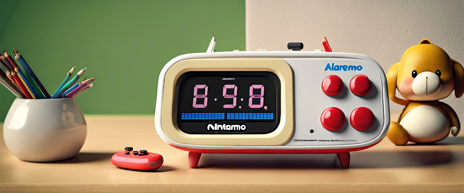 A colorful image of Nintendo's Alarmo alarm clock featuring game characters.