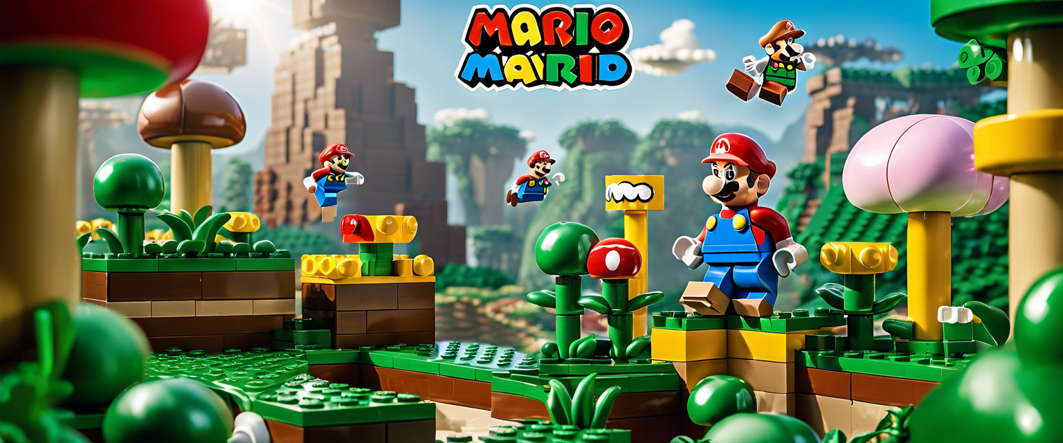 Lego set features Mario and Yoshi on a grass hill with moving parts.