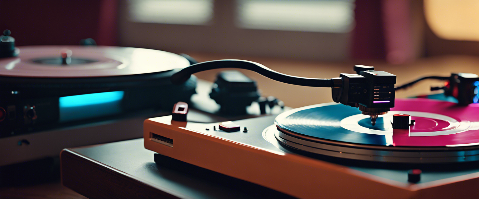 Bluetooth turntable connected to speakers with vinyl records.