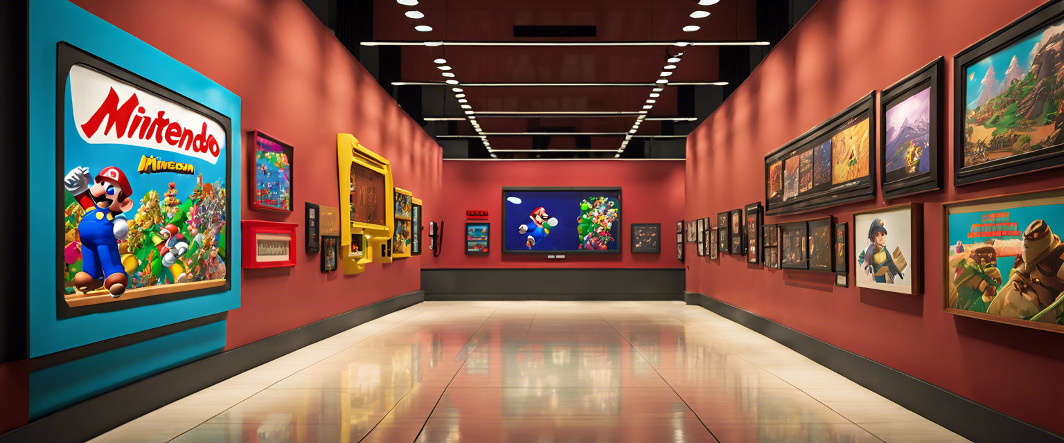 Nintendo Museum entrance featuring iconic Nintendo characters and products