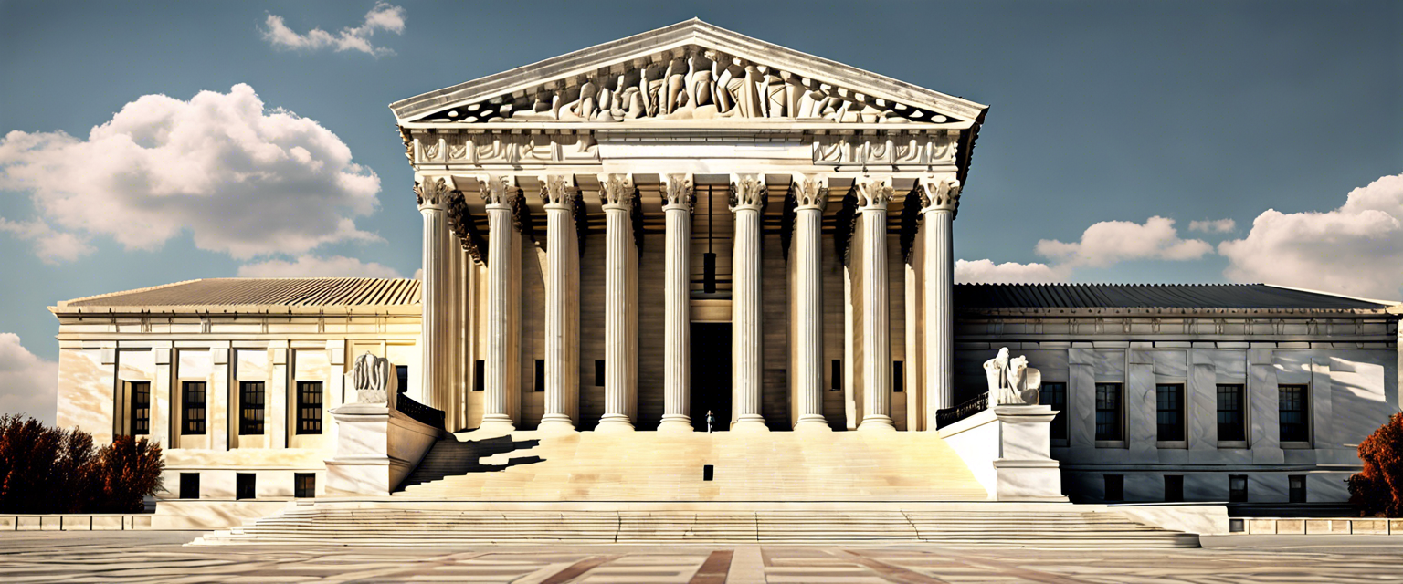 US Supreme Court building with Bitcoin symbol in the foreground.