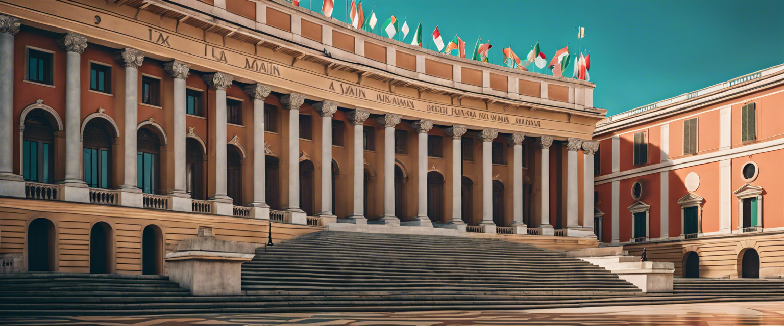 Italian Parliament building with financial documents and calculator.