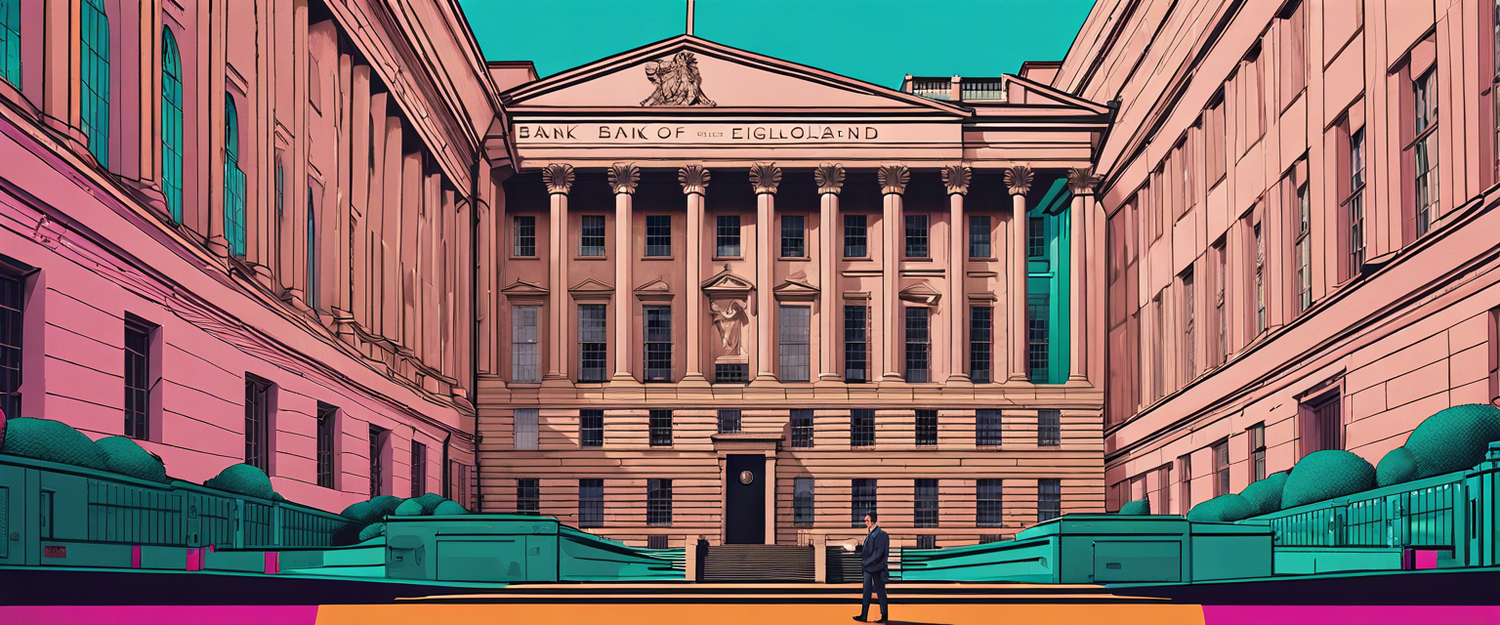 Bank of England building with a digital cryptocurrency overlay.