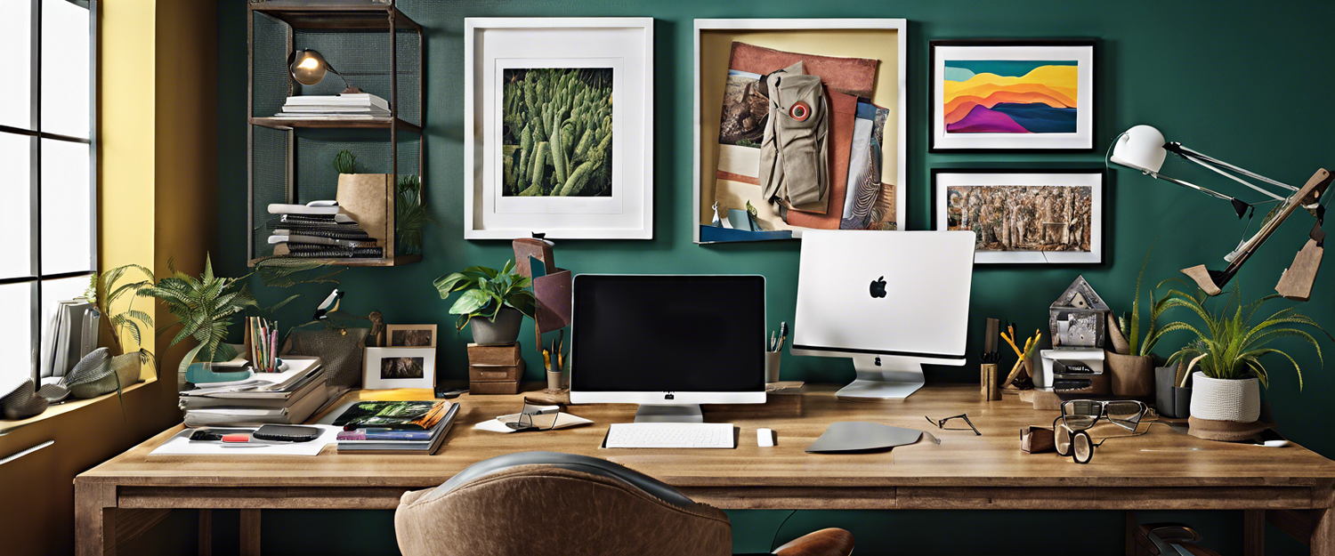 A collection of unique home office keepsakes displayed on a desk.