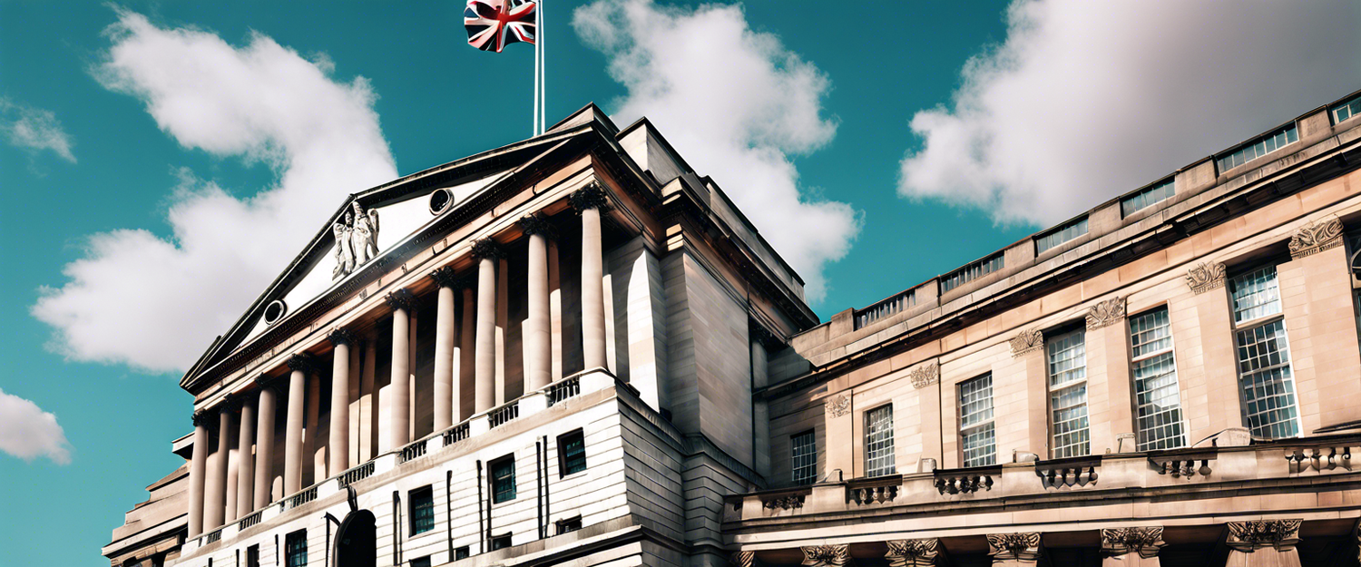 Bank of England building exterior with digital currency graphics in the background