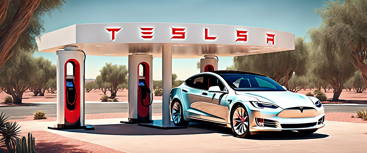 Tesla's Oasis solar-powered Supercharger station in California with solar canopies.