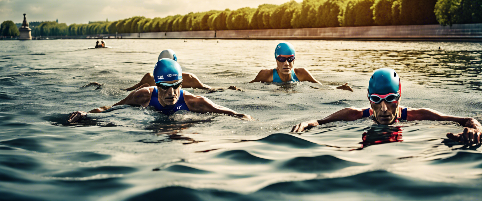 Triathletes competing in the Seine River during the Paris Olympics.