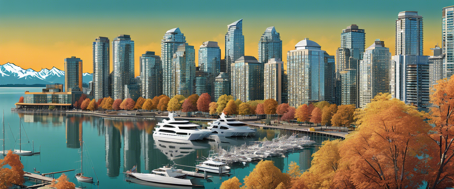 Vancouver city skyline with cryptocurrency symbols.