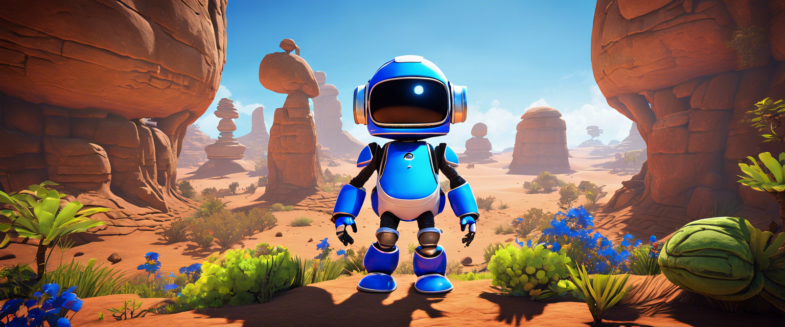 Astro Bot game promotional image featuring new DLC and bots.