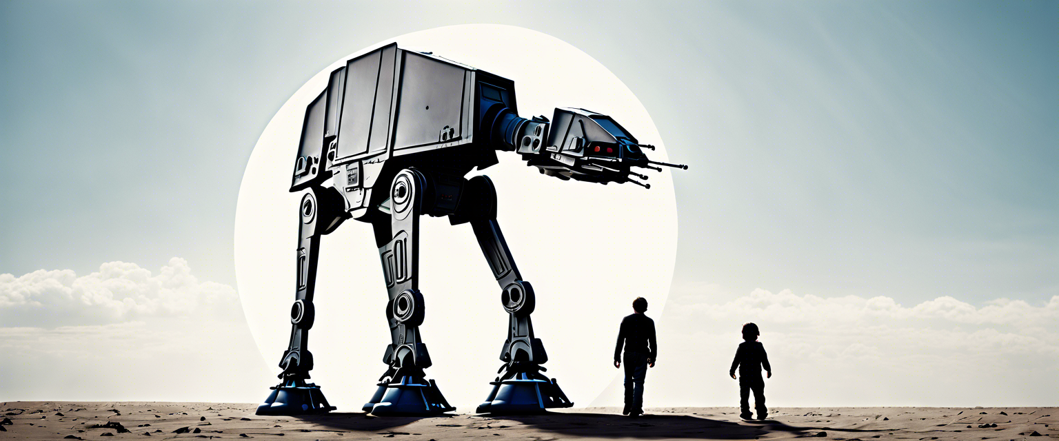 A child riding a miniature walking AT-AT toy designed by James Bruton.