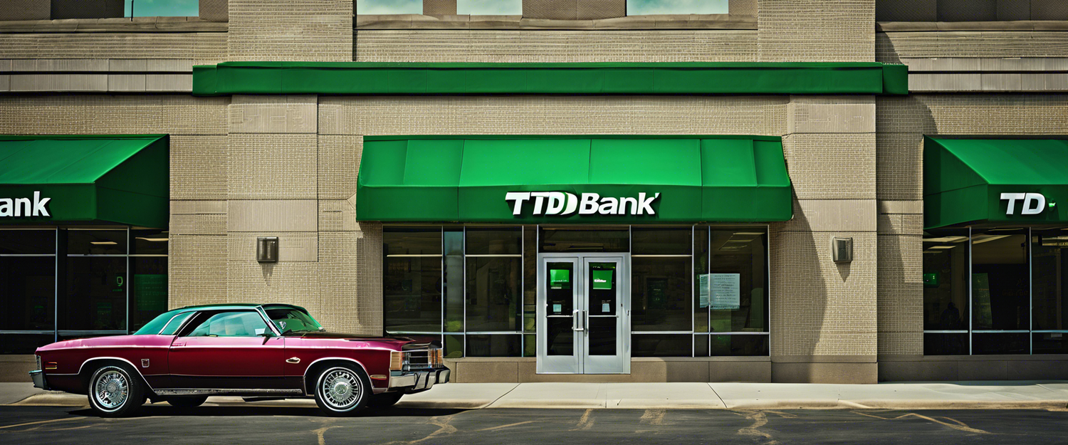 TD Bank headquarters with a sign indicating compliance violations and penalties.