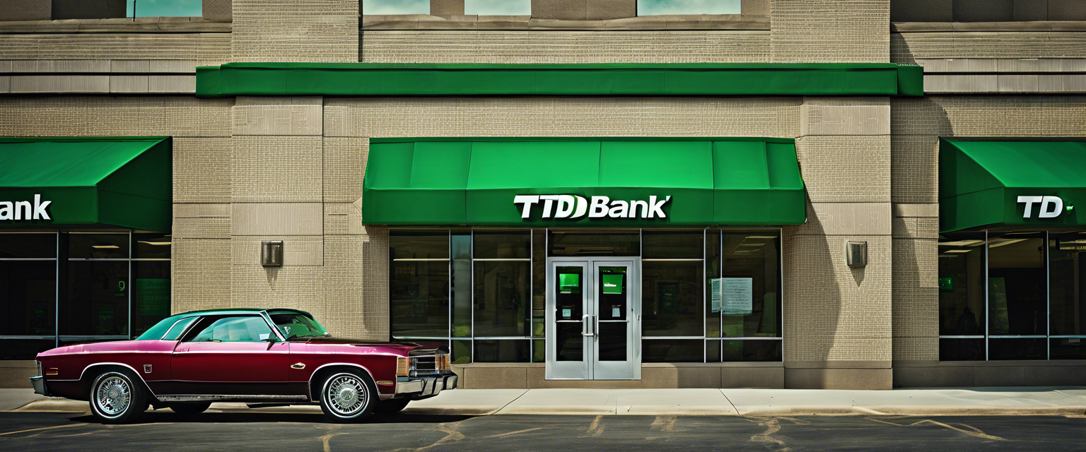 TD Bank headquarters with a sign indicating compliance violations and penalties.