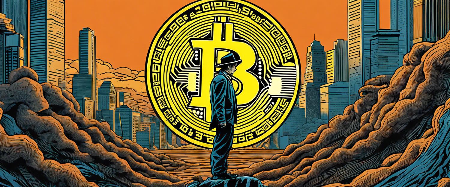 An illustration depicting the mystery of Satoshi Nakamoto and Bitcoin's origins.