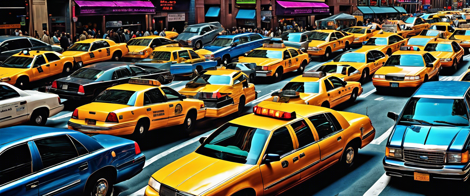 New York City skyline with traffic congestion illustration.