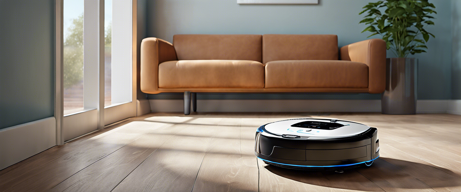 Robot vacuum cleaning a hardwood floor with advanced features and mopping capabilities.